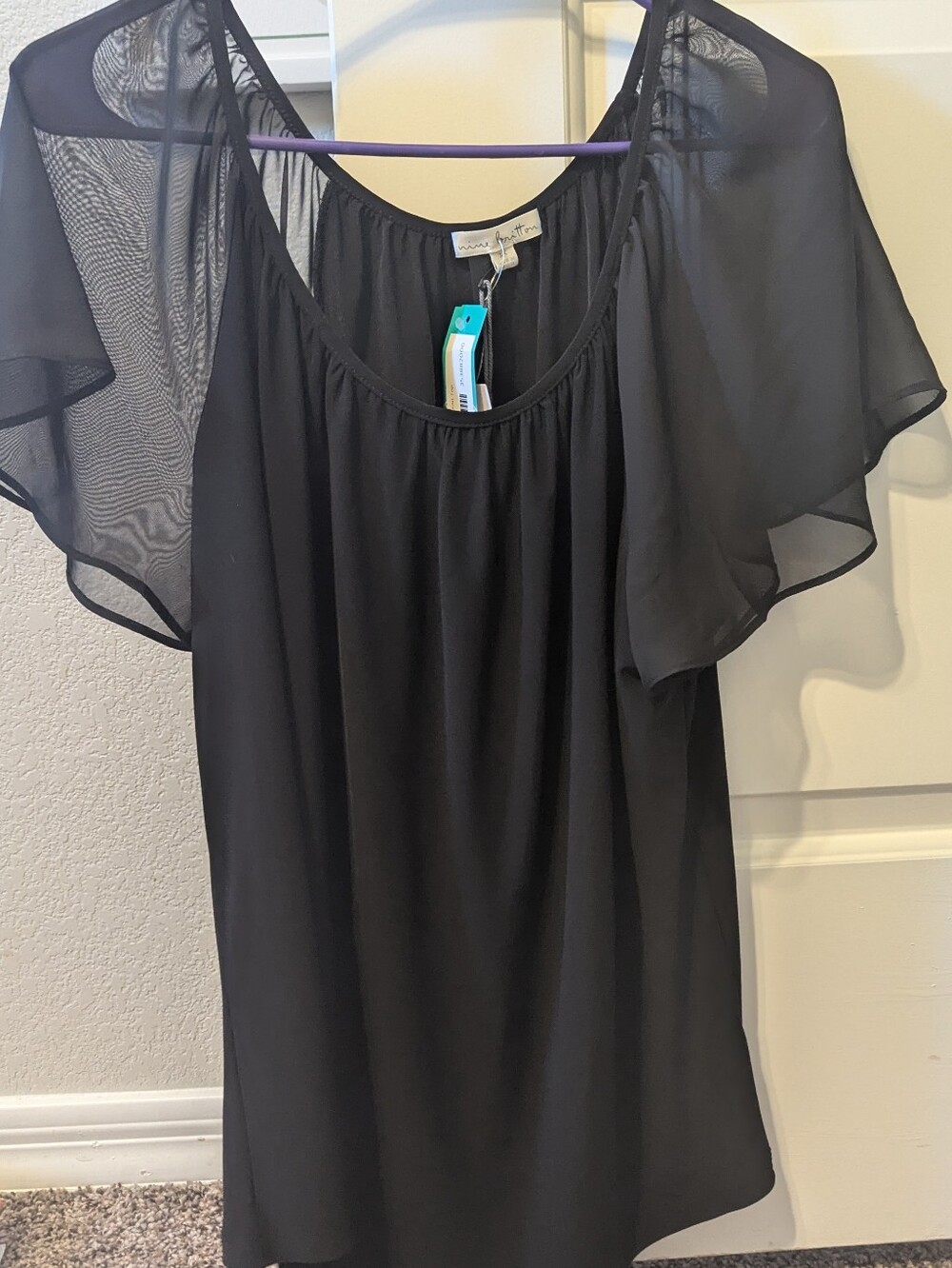 nine britton Black Sheer Flutter-Sleeve Blouse - 1X